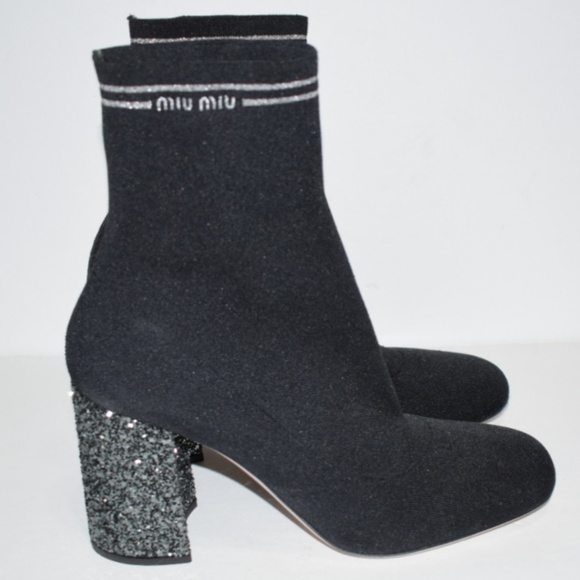 Miu Miu Glitter-Heel Metallic Sock Knit Bootie - Picture 1 of 8
